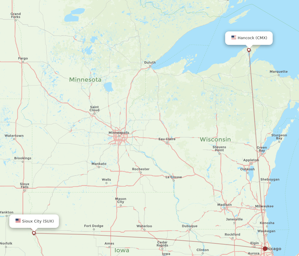 SUX to CMX flights and routes map