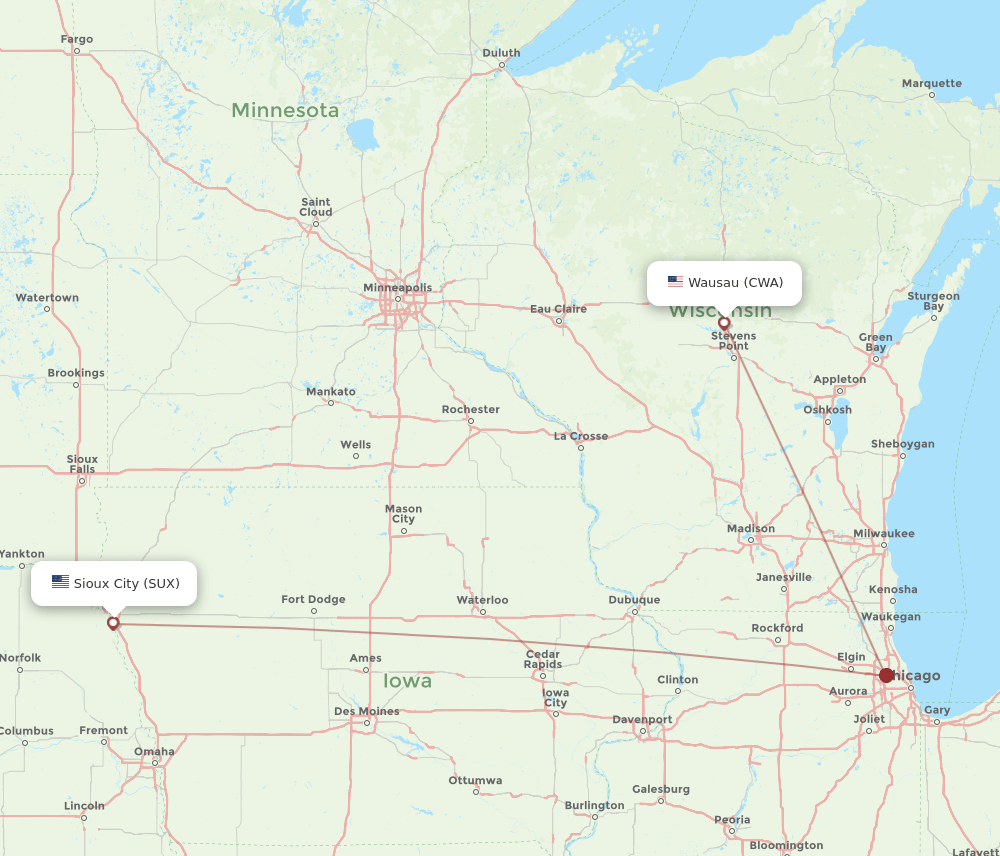 Sioux City - Wausau route map and flight paths