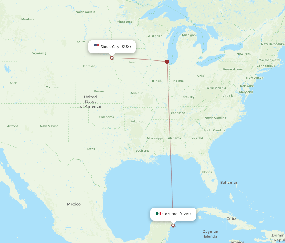 Sioux City - Cozumel route map and flight paths