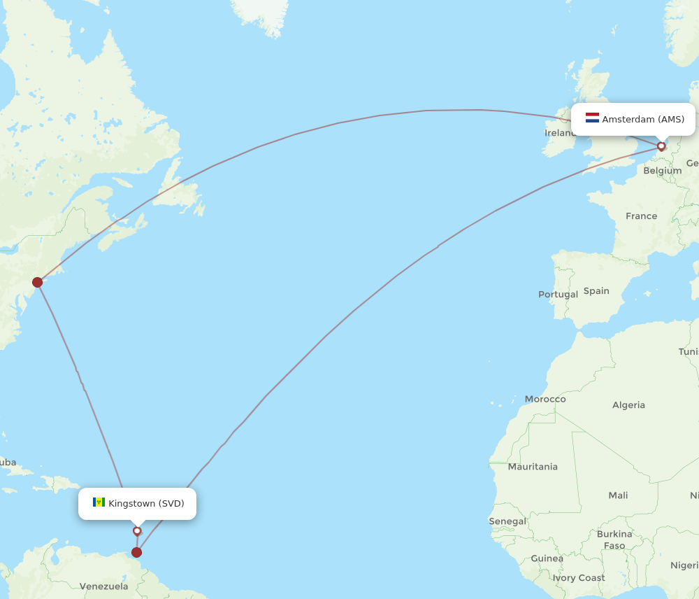 Amsterdam - Saint Vincent route map and flight paths