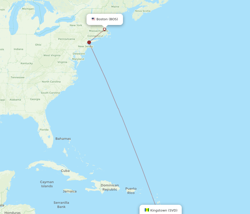 Boston - Saint Vincent route map and flight paths