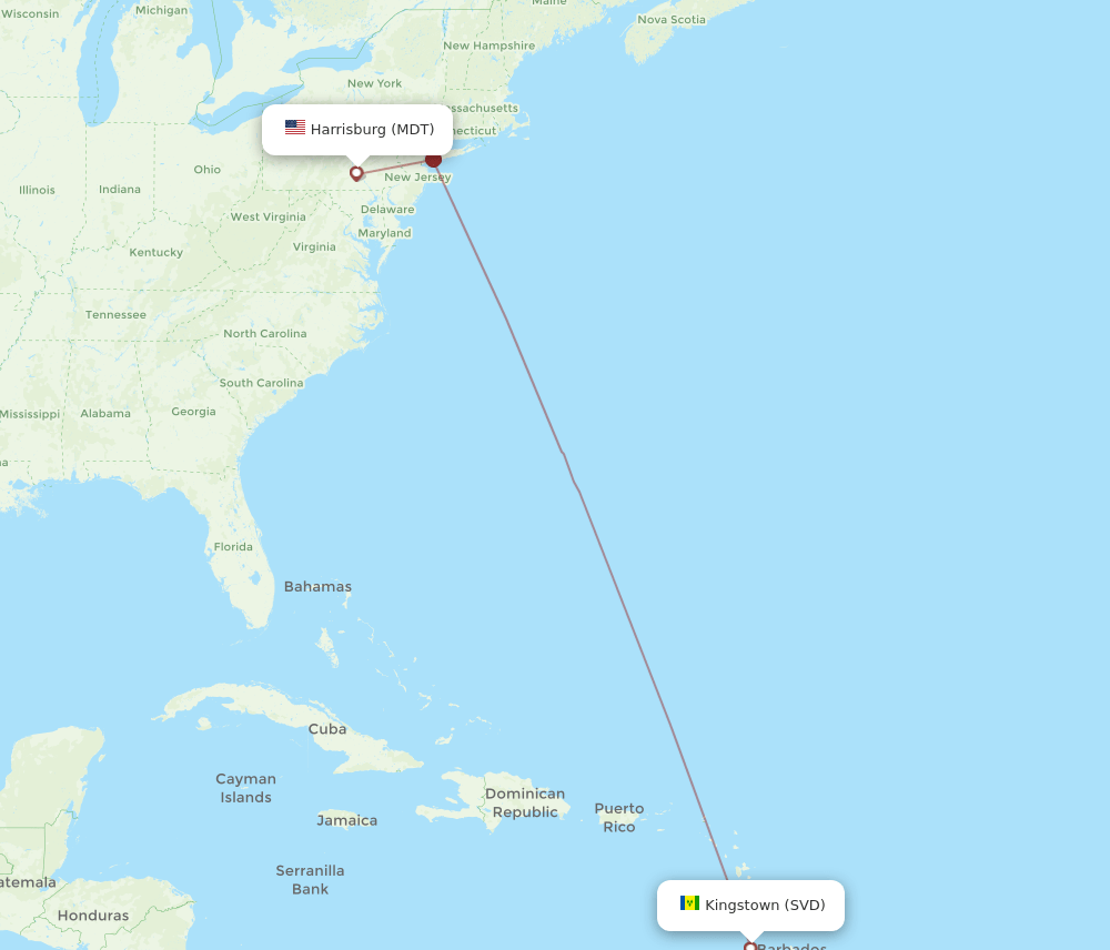 Middletown - Saint Vincent route map and flight paths