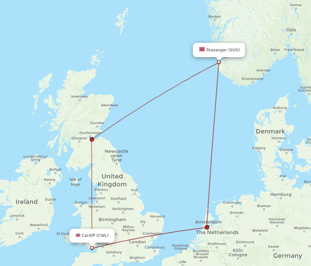 SVG to CWL flights and routes map