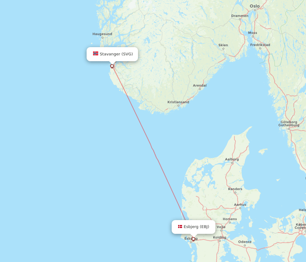 Stavanger - Esbjerg route map and flight paths