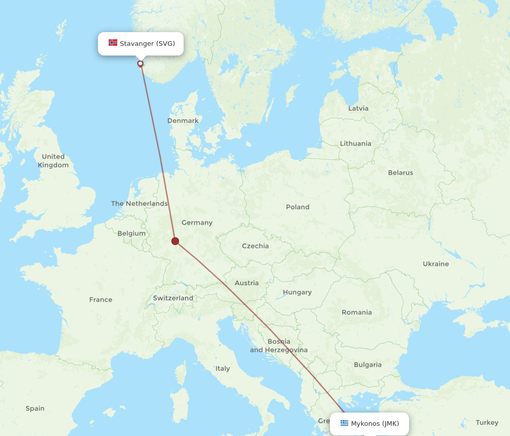 Stavanger - Mykonos route map and flight paths