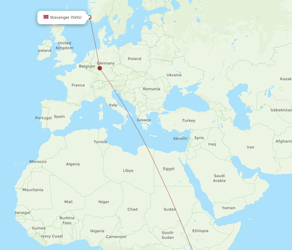 Mombasa - Stavanger route map and flight paths