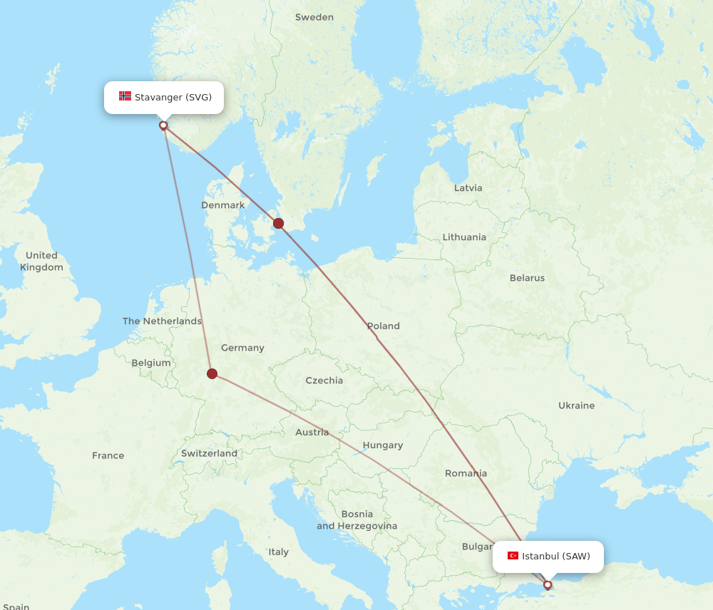 SVG to SAW flights and routes map