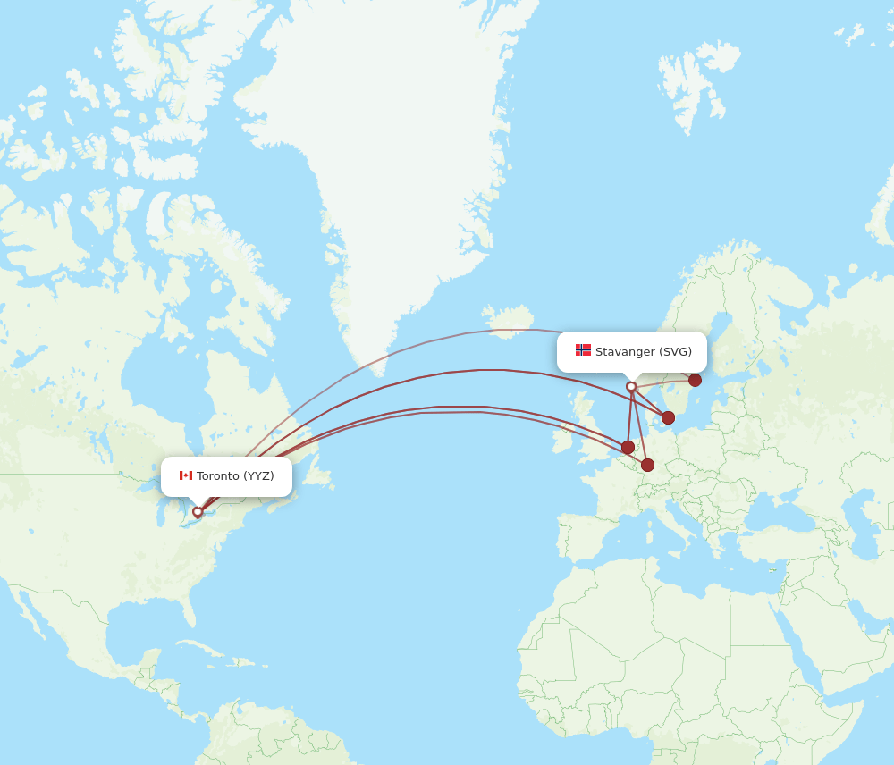 Toronto - Stavanger route map and flight paths