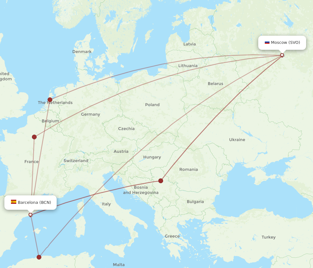 SVO to BCN flights and routes map