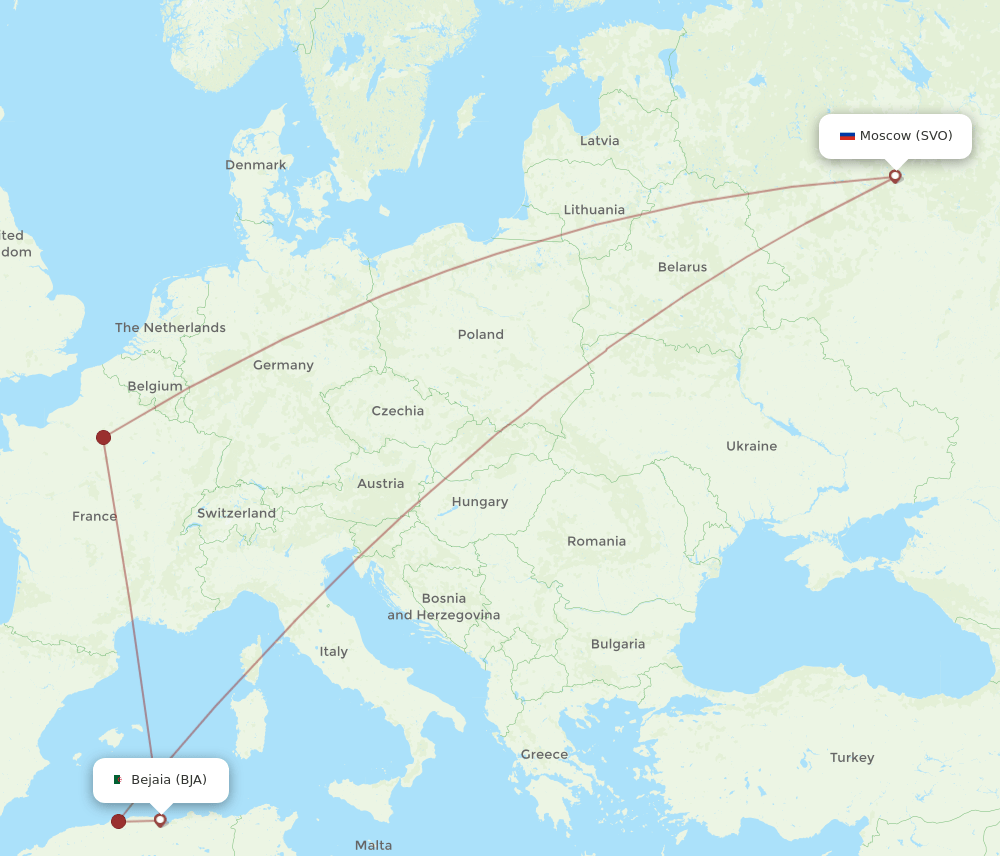 Bejaia - Moscow route map and flight paths