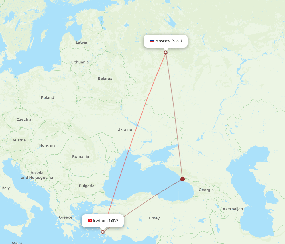 Moscow - Bodrum route map and flight paths
