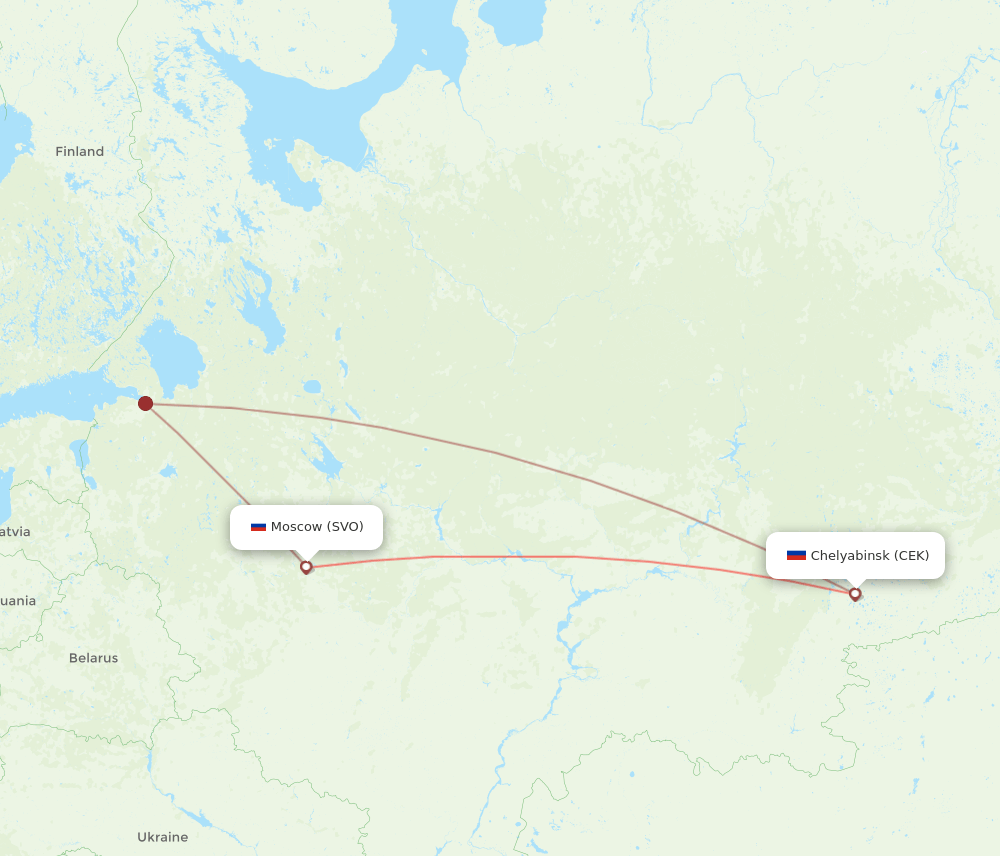 Moscow - Chelyabinsk route map and flight paths