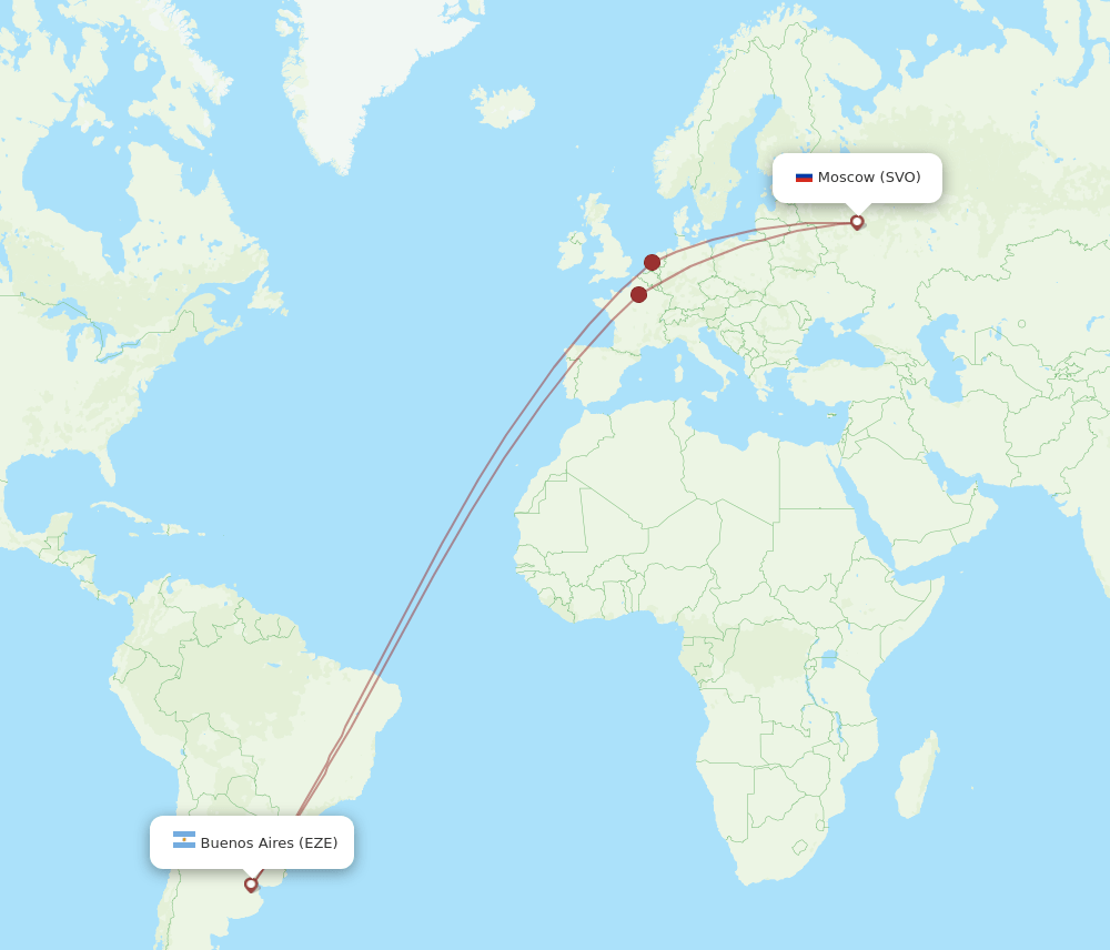 Moscow - Buenos Aires route map and flight paths