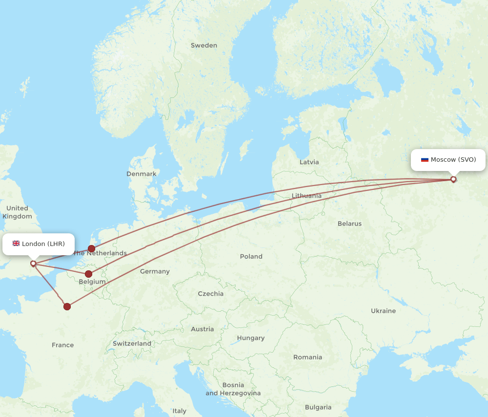 Moscow - London route map and flight paths