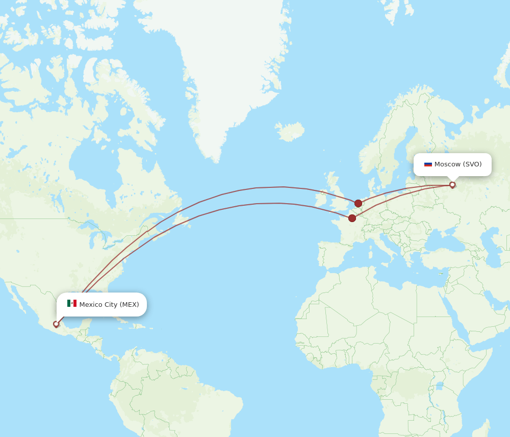 Moscow - Mexico City route map and flight paths