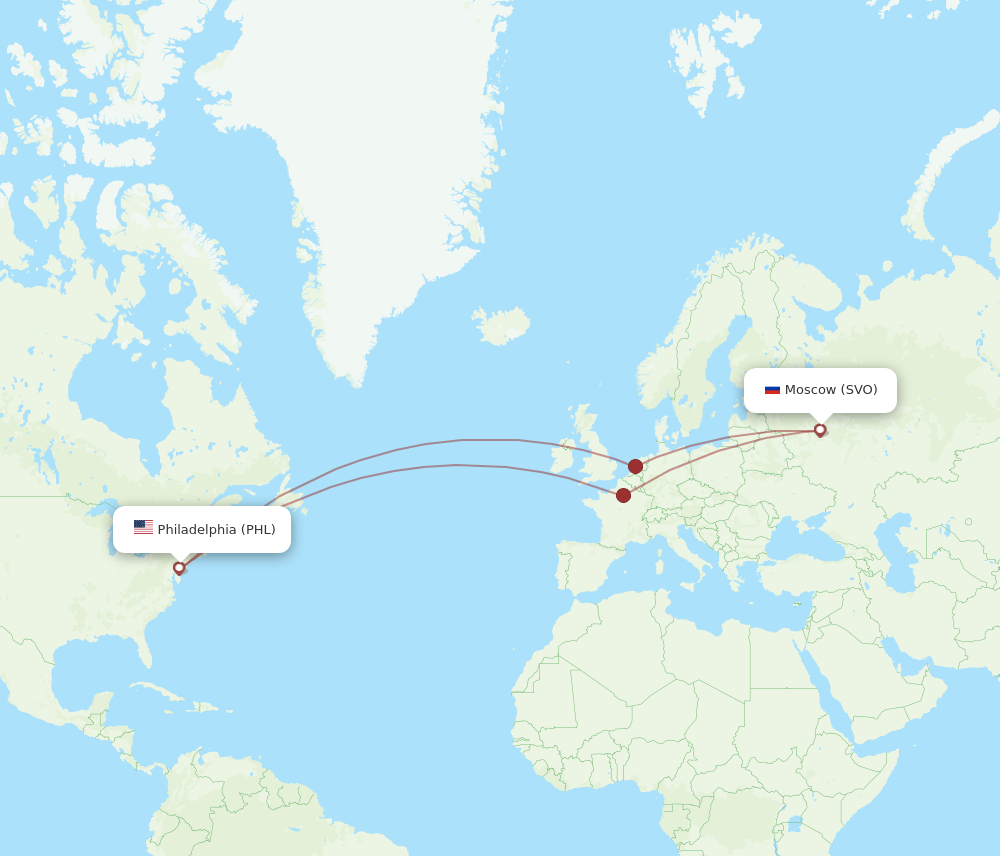 Moscow - Philadelphia route map and flight paths