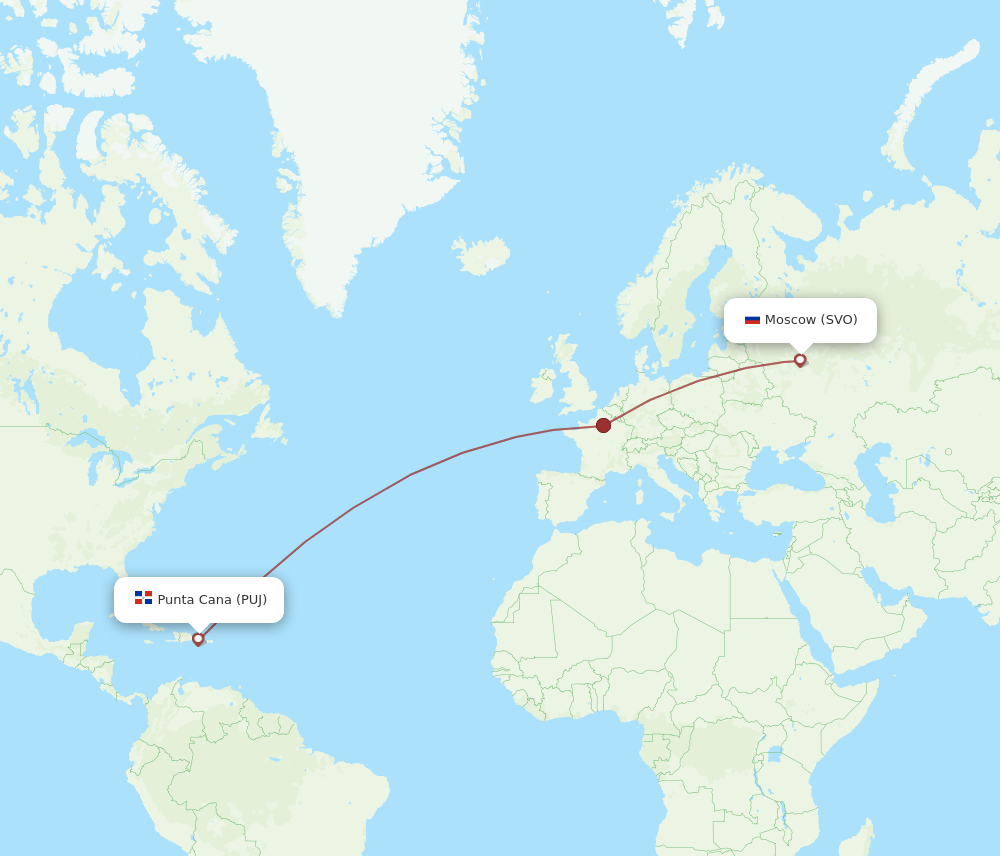 Moscow - Punta Cana route map and flight paths