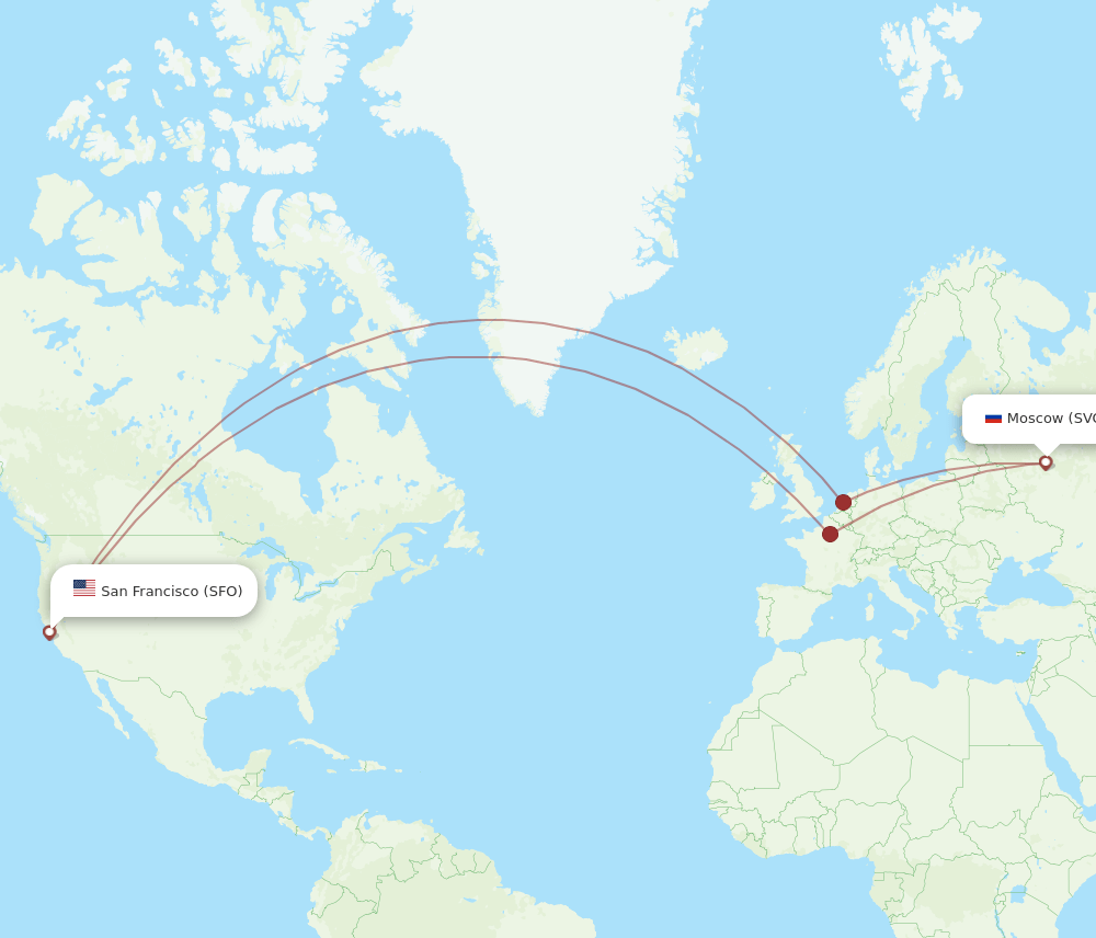 Moscow - San Francisco route map and flight paths