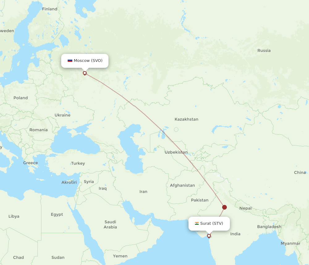 Surat Gujarat - Moscow route map and flight paths