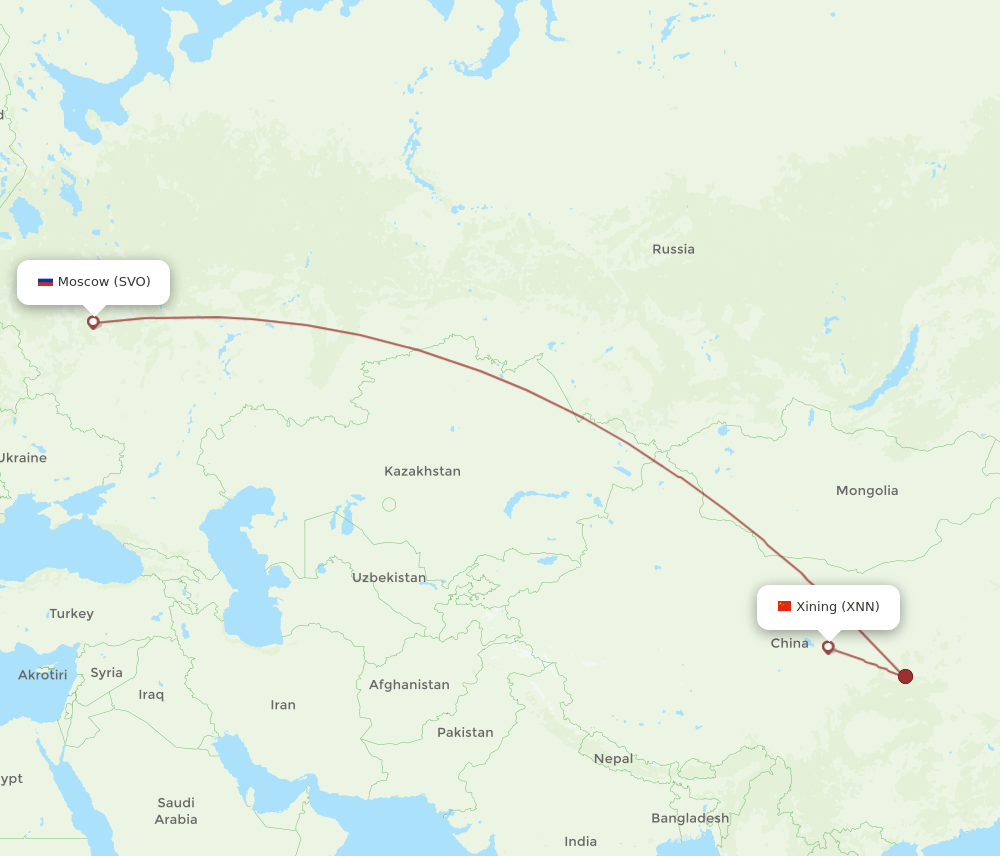 Xining - Moscow route map and flight paths