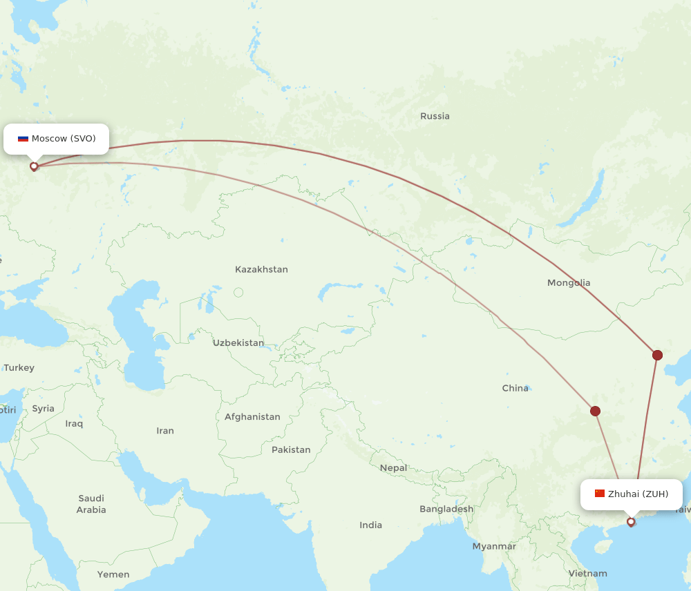 Zhuhai - Moscow route map and flight paths