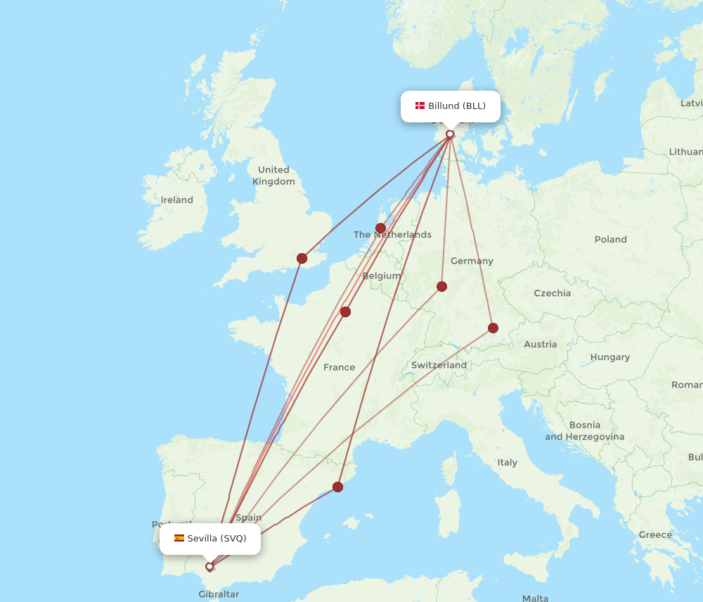 SVQ to BLL flights and routes map