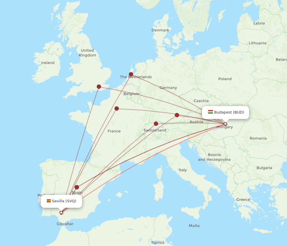 SVQ to BUD flights and routes map
