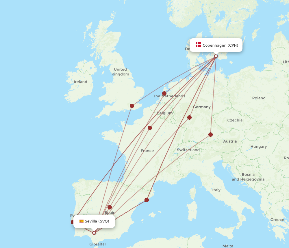 SVQ to CPH flights and routes map