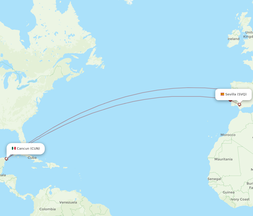 SVQ to CUN flights and routes map