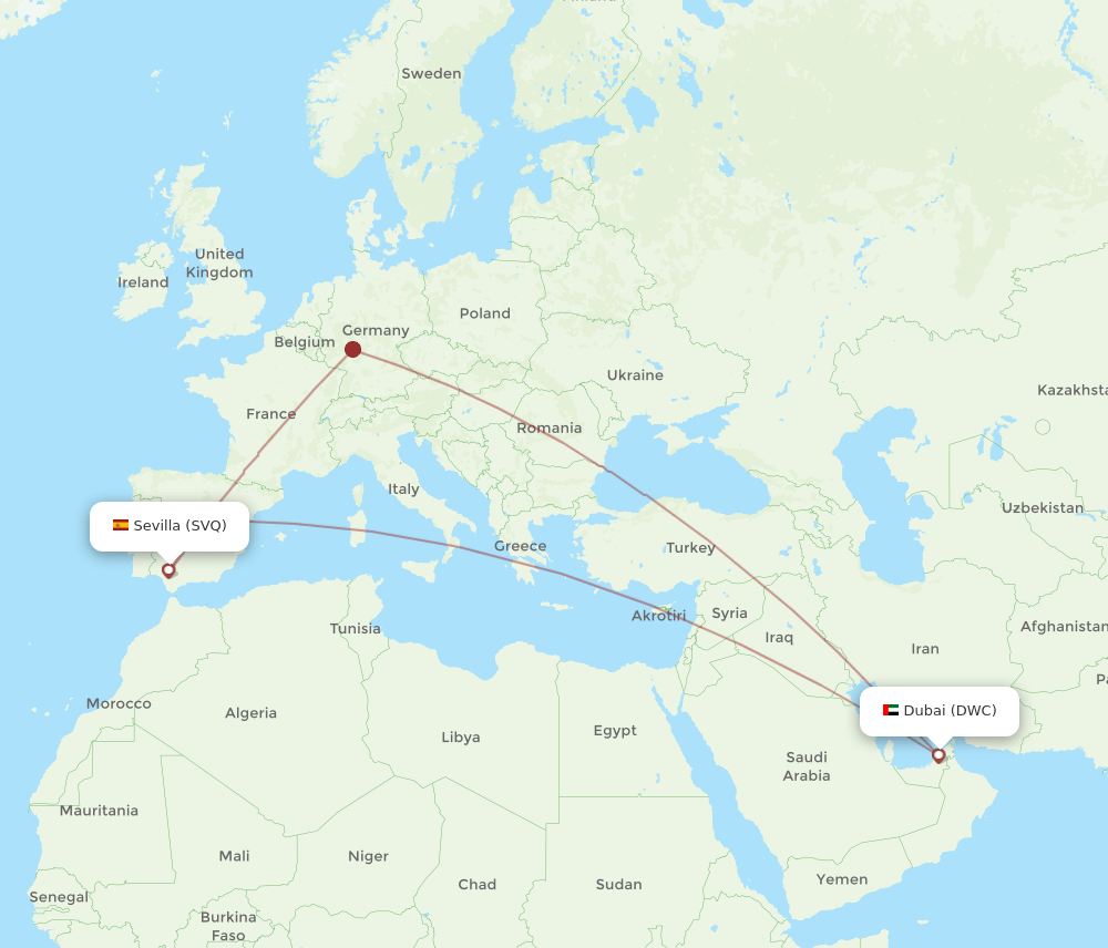 Sevilla - Dubai route map and flight paths