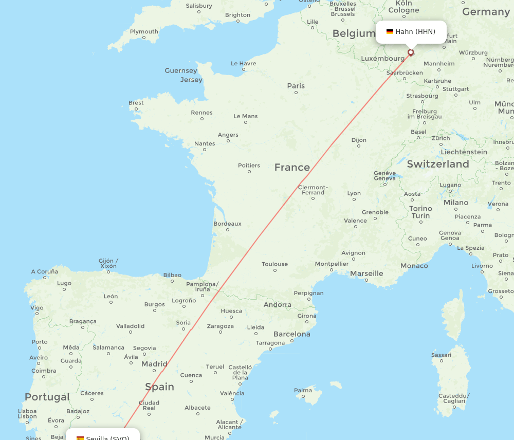 Sevilla - Hahn route map and flight paths