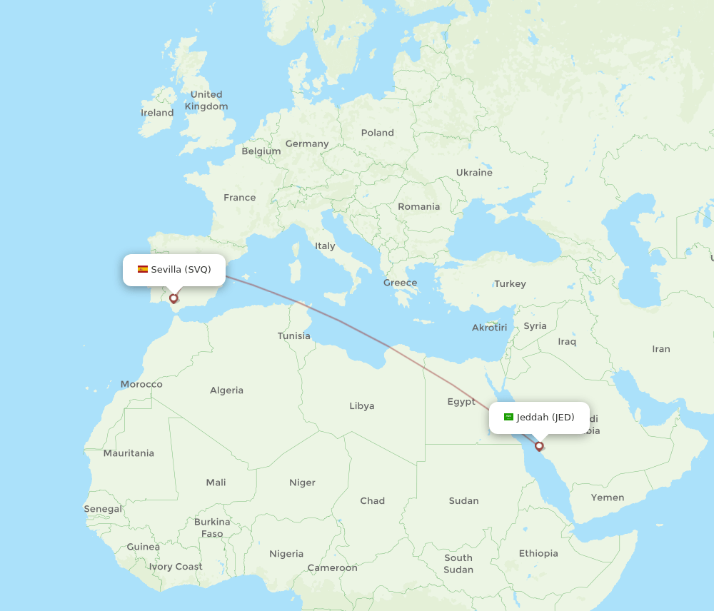 Jeddah - Sevilla route map and flight paths