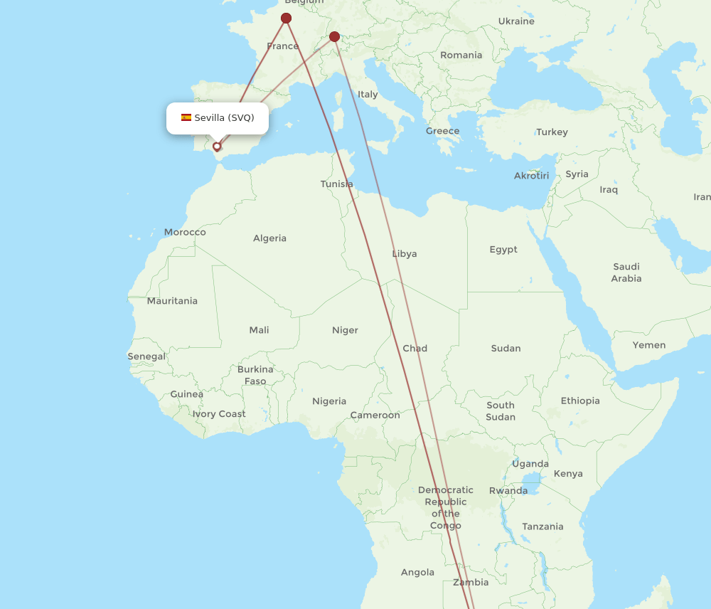 SVQ to JNB flights and routes map