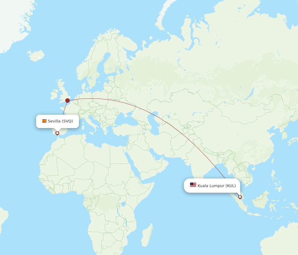 Kuala Lumpur - Sevilla route map and flight paths