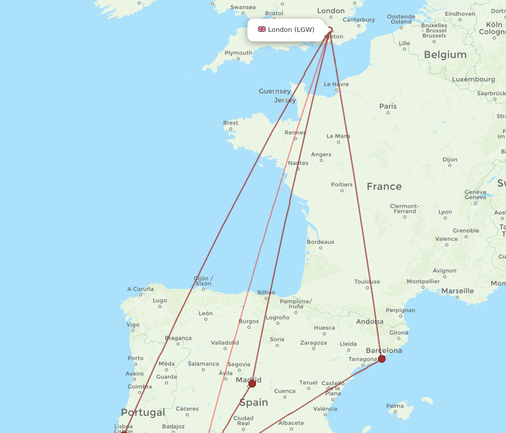 SVQ to LGW flights and routes map