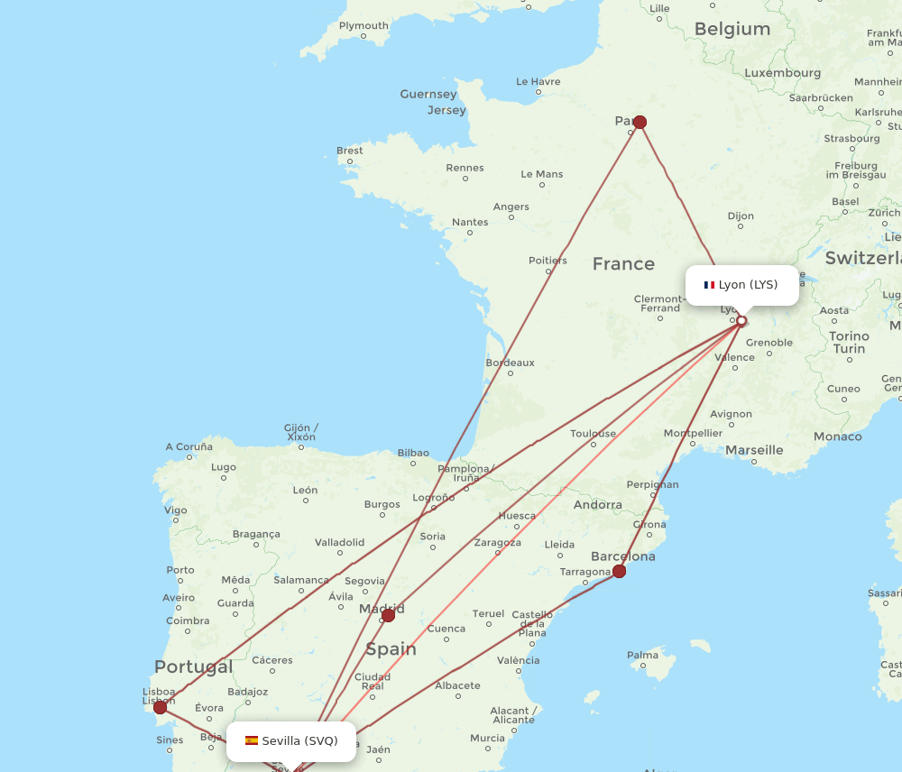 SVQ to LYS flights and routes map