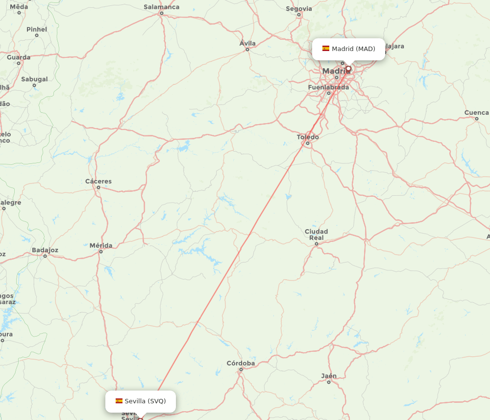 Sevilla - Madrid route map and flight paths