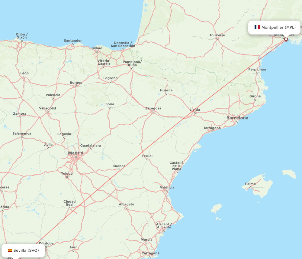 Sevilla - Montpellier route map and flight paths