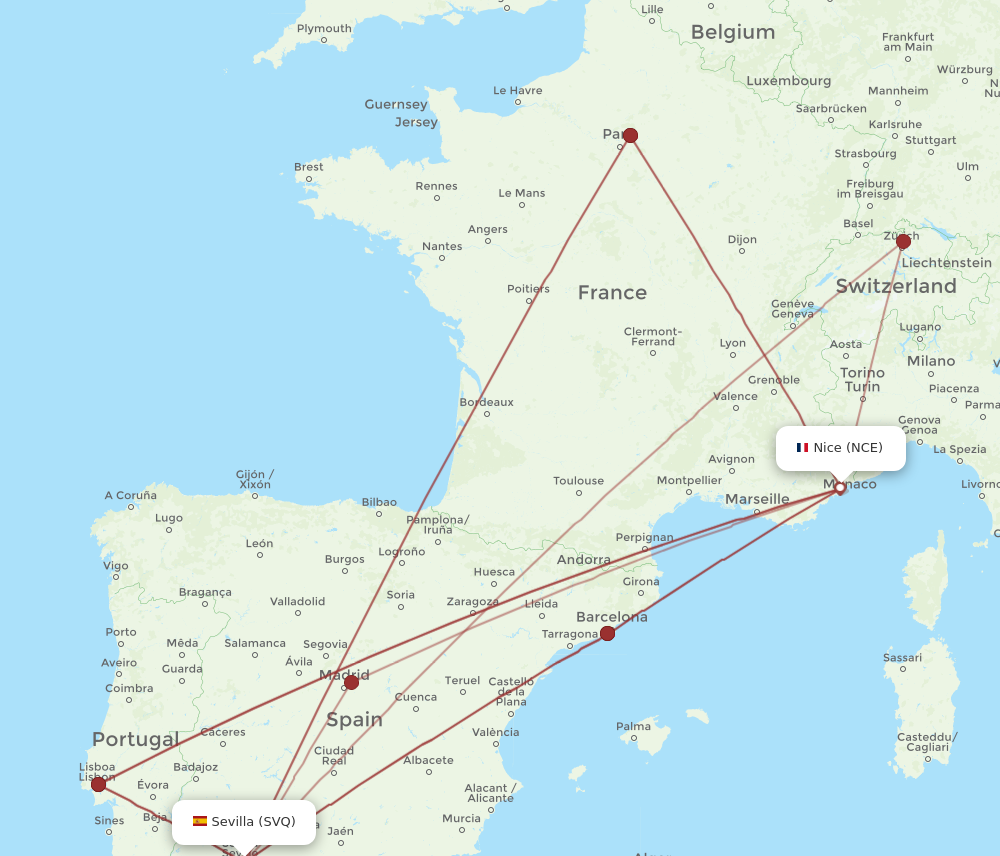 SVQ to NCE flights and routes map