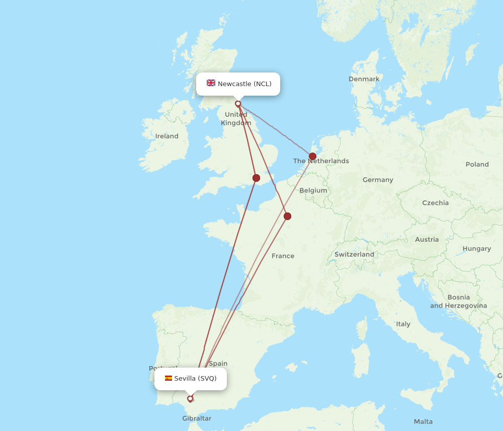 SVQ to NCL flights and routes map