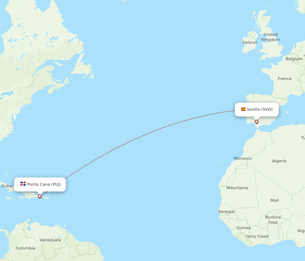 Sevilla - Punta Cana route map and flight paths