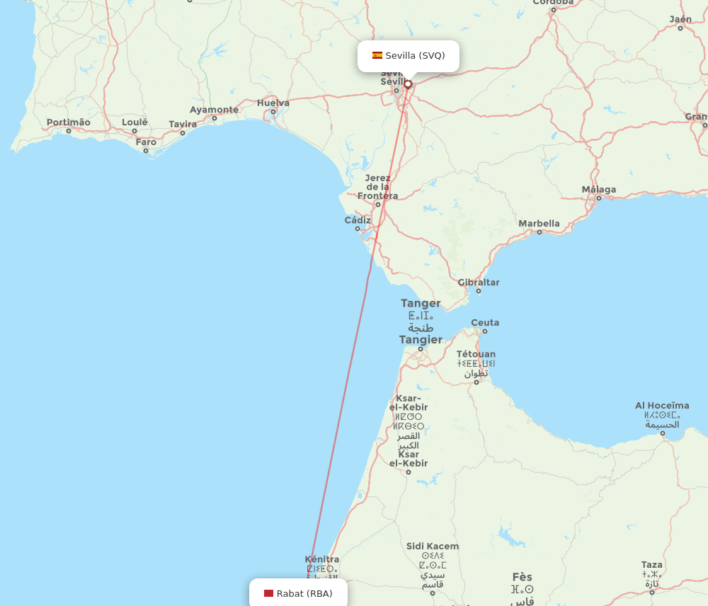 Sevilla - Rabat route map and flight paths