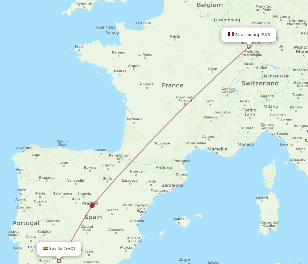 Strasbourg - Sevilla route map and flight paths