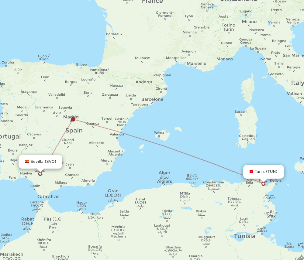 SVQ to TUN flights and routes map