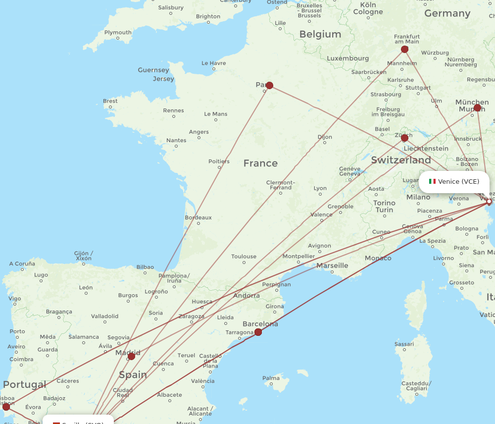 SVQ to VCE flights and routes map