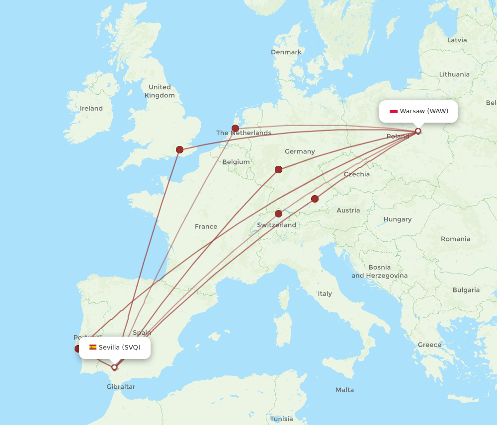 SVQ to WAW flights and routes map