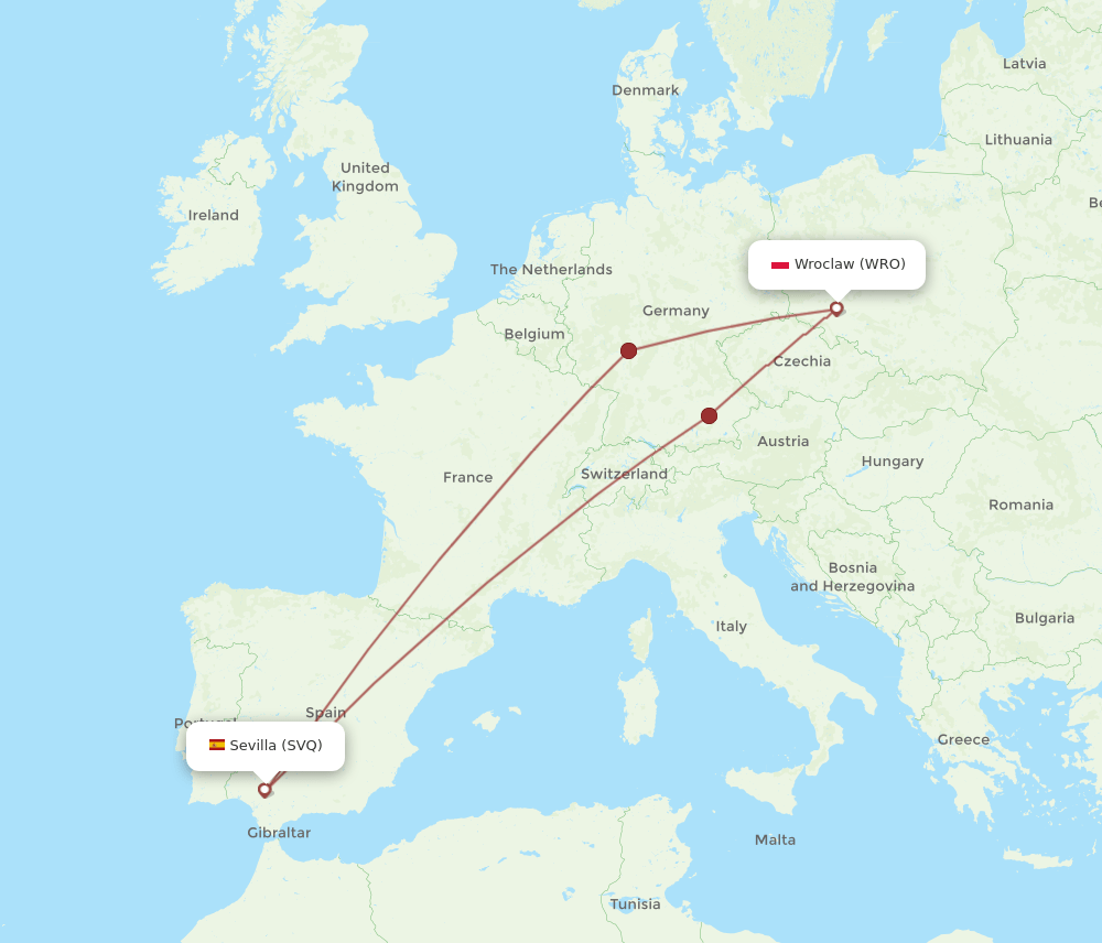SVQ to WRO flights and routes map