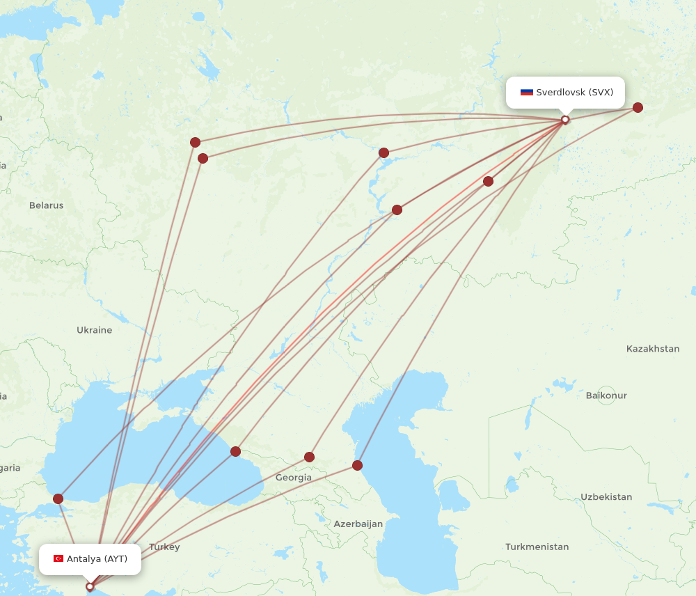 SVX to AYT flights and routes map
