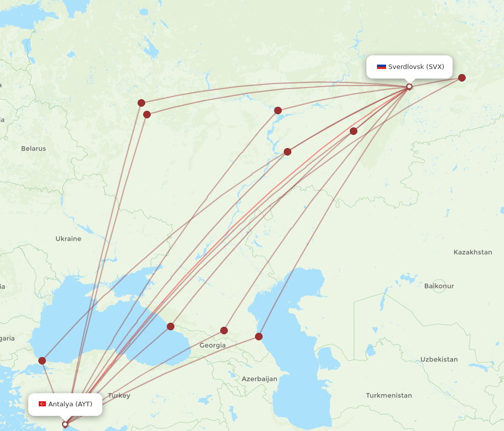 SVX to AYT flights and routes map