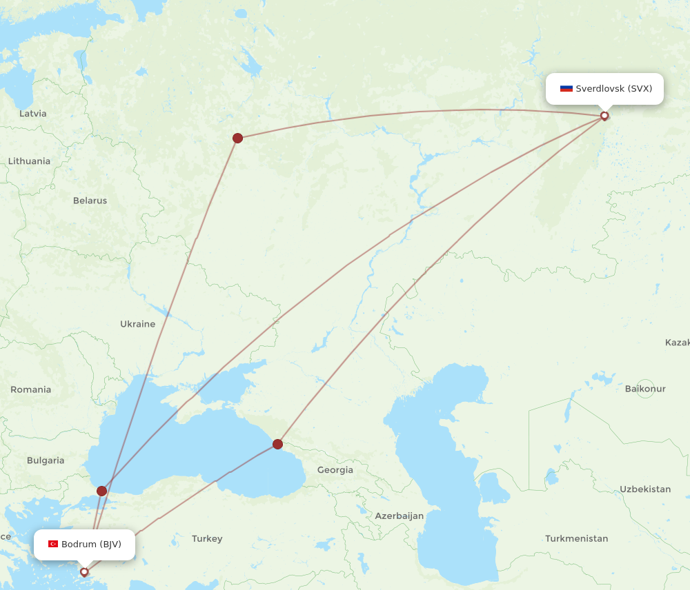 SVX to BJV flights and routes map